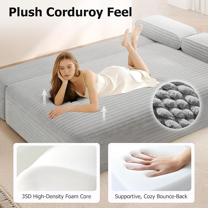 Convertible Sofa Bed, 78.7" Frameless Floor Sofa-in-a-Box, Corduroy Boneless Couch for Small Space Apartments, Queen Sleeper Sofa for Everyday Use, 3 Pillows Included, No Assembly (Light Grey)