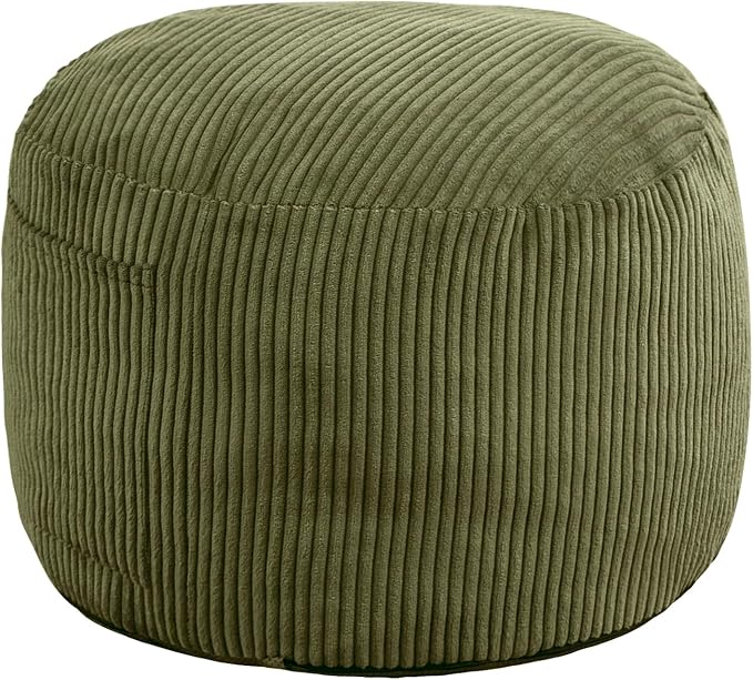 Round Stuffed Pouf Ottoman,Corduroy Foot Rest with Rebound Foam Filled, Furry and Fluffy Foot Stool Ottoman, Floor Poufs for Living Room (Green, 26" D x 26" W x 18" H)
