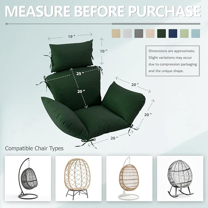 Egg Chair Cushion with 8 Securing Straps, Water-Repellent & Fade-Resistant Faux Linen, Removable Cover, Replacement Cushion for Most Single Outdoor Hanging Swing Egg Chairs – Olive Green