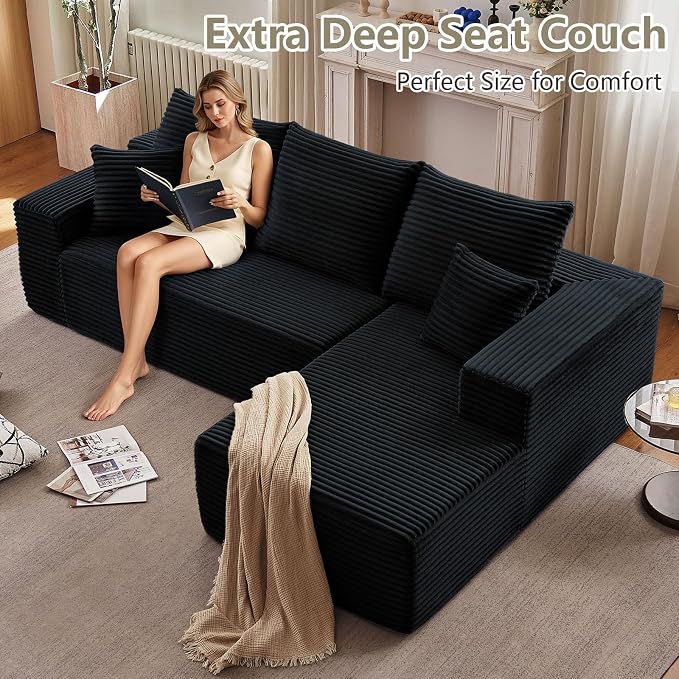 95.8" Cloud Sectional Couch with L-Shape Chaise, Modern Modular Comfy Sofa Chaise Longue, Upholstered Corduroy Couches Sleeper with Deep Seat for Living Room Bedroom, No Assembly Required, Black