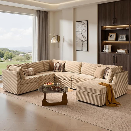 ovios Modular Sectional Sofa Couch with Sofa Bed U-Shape Chaise, Comfy Plush Corduroy Cloud Couches, Modern Luxury Deep Seat Sofas Set for Living Room, 7-Seater, Beige