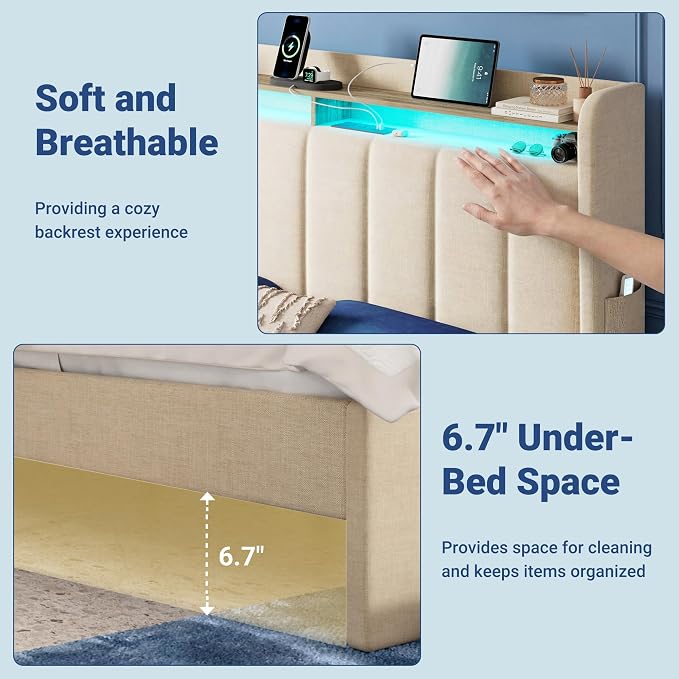 Allewie King Size Bed Frame with 2-Tier LED Storage Headboard, Upholstered King Platform Bed Frame with 2 Storage Drawers, USB & Type-C Charging Ports, Noise-Free/No Box Spring Needed, Beige