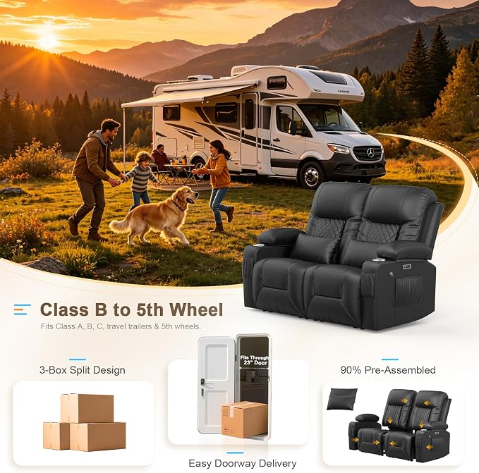 Power RV Loveseat Recliner Sofa, Reclining Loveseat Home Theater Seating with USB Ports, Cup Holders, Wall Hugger Recliners for Movie Room, Recline Movie Seats Gaming Sofa, Black