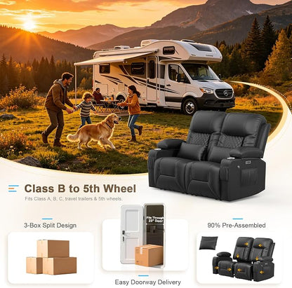 Power RV Loveseat Recliner Sofa, Reclining Loveseat Home Theater Seating with USB Ports, Cup Holders, Wall Hugger Recliners for Movie Room, Recline Movie Seats Gaming Sofa, Black