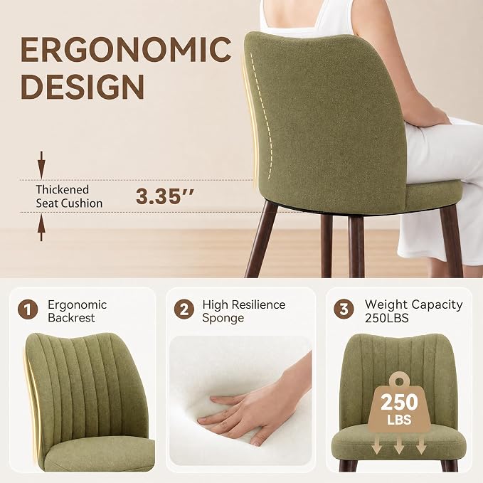 Upholstered Dining Chairs Set of 6, Modern Fabric Dining Chairs with Curved Backrest & Solid Rubber Wood Legs, Padded Kitchen Dining Room Chairs for Restaurant Cafe, Green