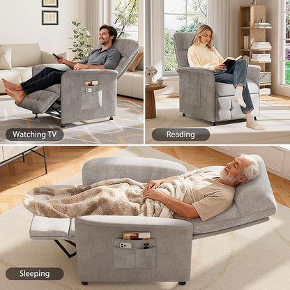 Power Recliner Chair for Adults with Heat & Massage - Soft Fabric Electric Reclining Sofa with Remote Control, 3 Side Pockets, 180° Lay Sleeper for Home Theater Living Room, Light Grey