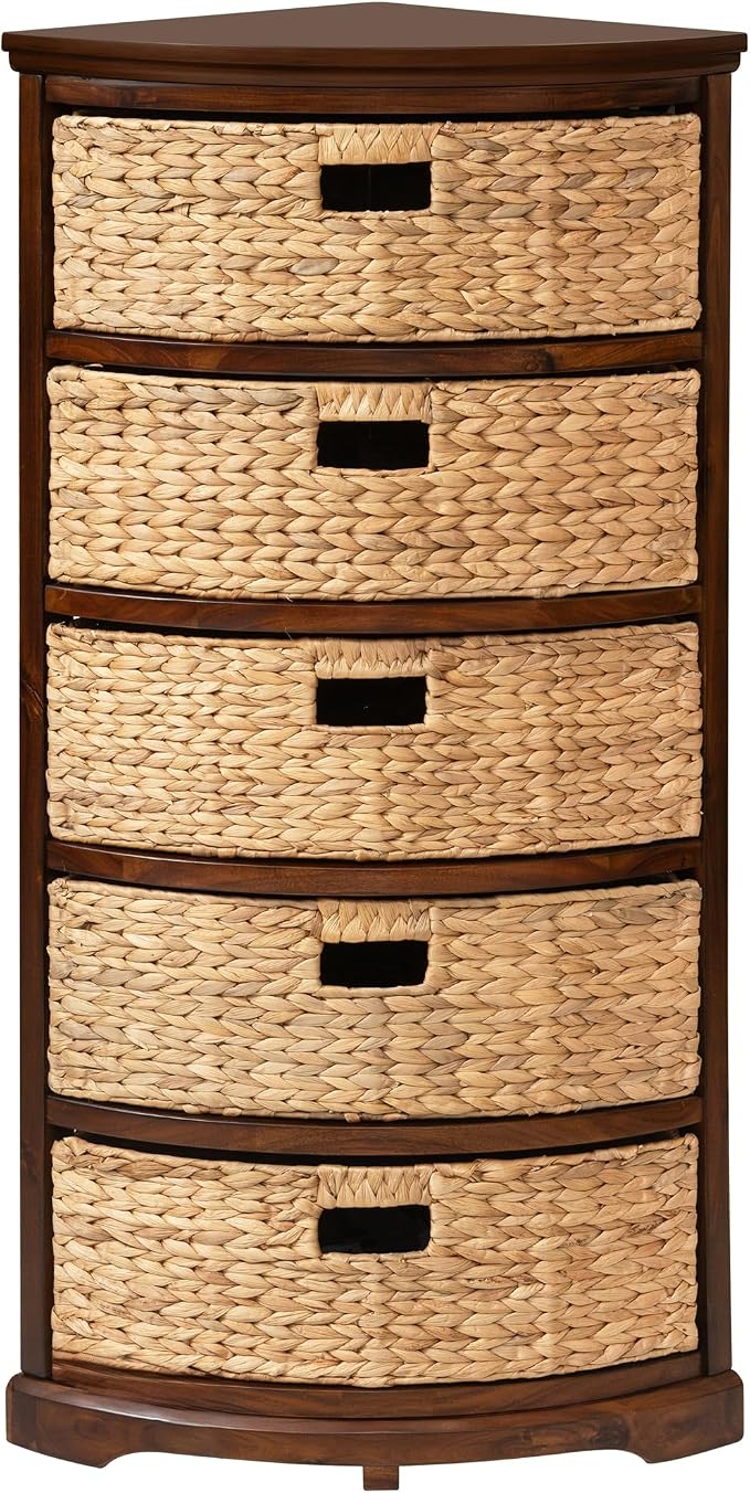 eHemco Hampton Meadows 5 Tier X-Side Corner Storage Cabinet, Walnut | 5 Wicker Baskets