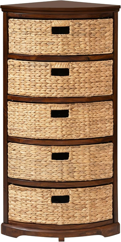 eHemco Hampton Meadows 5 Tier X-Side Corner Storage Cabinet, Walnut | 5 Wicker Baskets