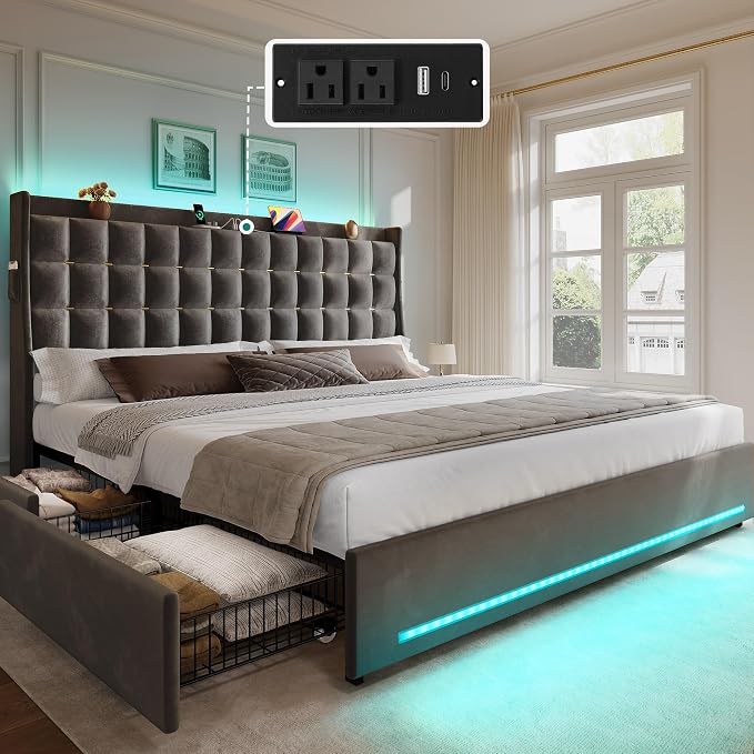 YITAHOME King Size Bed Frame with 4 Drawers and RGB LED Lights, Velvet Upholstered Platform Bed with Charging Station and Storage Headboard, No Box Spring Needed, Easy Assembly, Noise-Free, Dark Grey