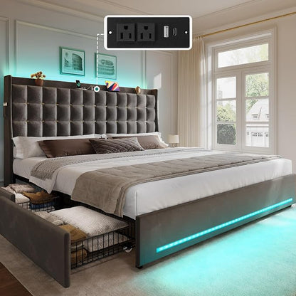 YITAHOME King Size Bed Frame with 4 Drawers and RGB LED Lights, Velvet Upholstered Platform Bed with Charging Station and Storage Headboard, No Box Spring Needed, Easy Assembly, Noise-Free, Dark Grey
