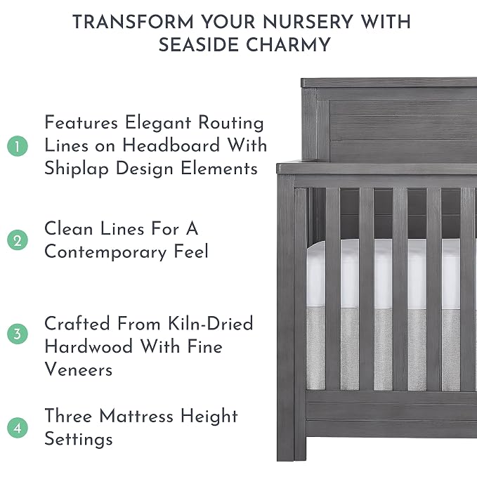 Evolur Belmar Flat 5-in-1 Convertible Full-Size Baby Crib in Rustic Grey, GreenGuard Gold & JPMA, Converts to Toddler, Day & Full-Size Bed, 3 Mattress Heights Crafted in Kiln-Dried Hardwood