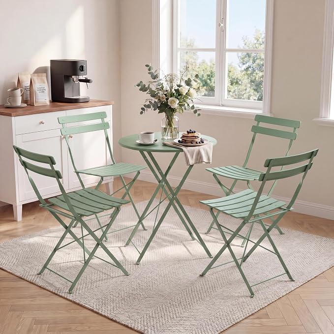 Bistro Table and Chairs Set of 4, 5 Piece Outdoor/Indoor Folding Patio Bistro Sets, 4 Chair Patio Furniture Set with Table, Premium Frame Foldable Coffee Tables for Balcony, Yard, Garden, Green
