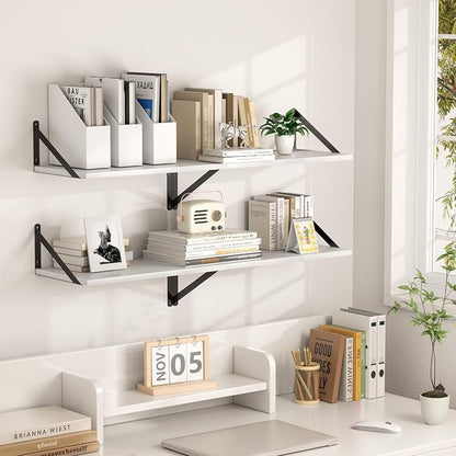 Heimlove White Deep Floating Shelves for Wall, 44W x 12D Wood Wall Shelves Set of 2, Wide Floating Bookshelf for Living Room, Kitchen, Office, Bedroom and Decor Storage, with Black Bracket - White