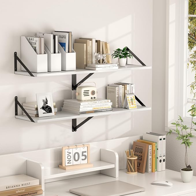 Heimlove White Deep Floating Shelves for Wall, 40W x 12D Wood Wall Shelves Set of 2, Wide Floating Bookshelf for Living Room, Kitchen, Office, Bedroom and Decor Storage, with Black Bracket - White