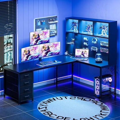 AODK 71" L Shaped Gaming Desk with Hutch, Pegboard & Shelves, L Shaped Desk with 4 Drawers, Integrated LED Light Strip & Power Outlets, Reversible PC Gaming Computer Desk, Black