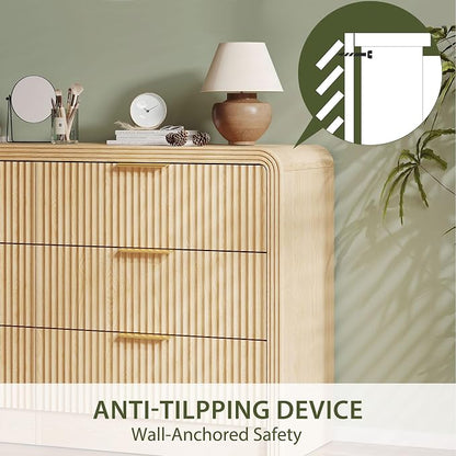 Decofy Fluted Drawers Dresser for Bedroom, Wood Dressers with Gold Handles, Modern Dressers with Wave Texture, Large Storage Chest of Drawers, Bedroom Dresser Organizer 55'' & 6 Drawers (Natural Oak)