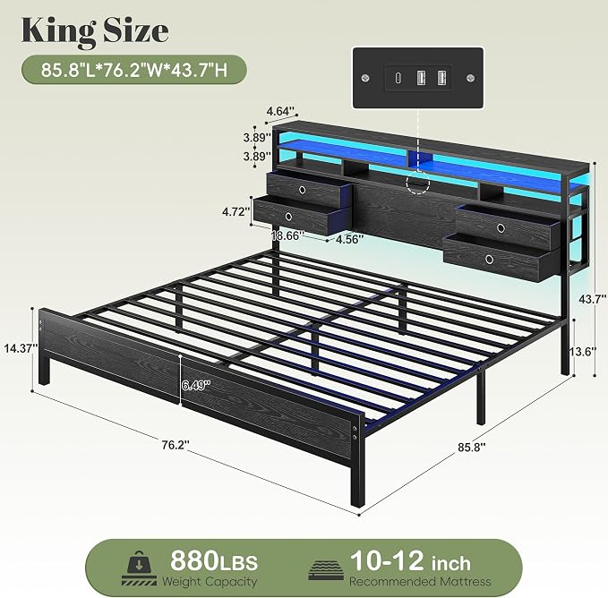 Homkdom King Bed Frame with Storage Headboard, Charger & LED Lights, Black | 3-tier shelves and 4 drawers,2 USB&1 Type-C ports,Heavy-duty metal loads 880lbs,Noise-free,No box spring needed,Easy assembly