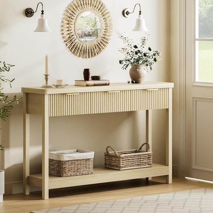 Lulive Fluted Console Table, 51 Inch Entryway Table with 3 Drawers | Scandi farmhouse look with quiet full-extension slides, open lower shelf, profile for hallway, entry, foyer or behind sofa.