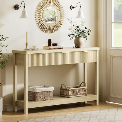 Lulive Fluted Console Table, 51 Inch Entryway Table with 3 Drawers | Scandi farmhouse look with quiet full-extension slides, open lower shelf, profile for hallway, entry, foyer or behind sofa.