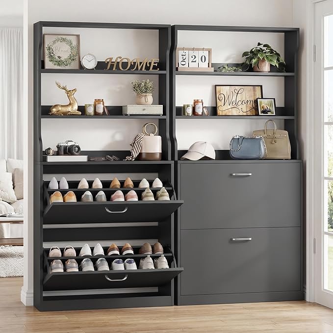 IRONCK Tall Shoe Cabinet with 2 Flip Drawers, Narrow Hidden Shoe Storage Cabinet with Shelves, Slim Freestanding Shoe Organizer for Entryway, Hallway, Black