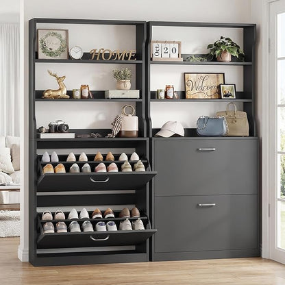 IRONCK Tall Shoe Cabinet with 2 Flip Drawers, Narrow Hidden Shoe Storage Cabinet with Shelves, Slim Freestanding Shoe Organizer for Entryway, Hallway, Black
