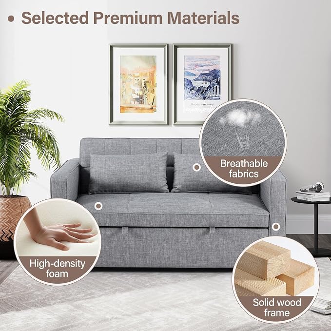 HAOMARKETS 3 in 1 Convertible Sleeper Sofa Bed, Loveseat Chaise Lounge with Pullout Bed, 2-Seater Futon Couches with Storage Pockets, 3-Level Adjustable Backrest and Pillows for Living Room, Dark Grey