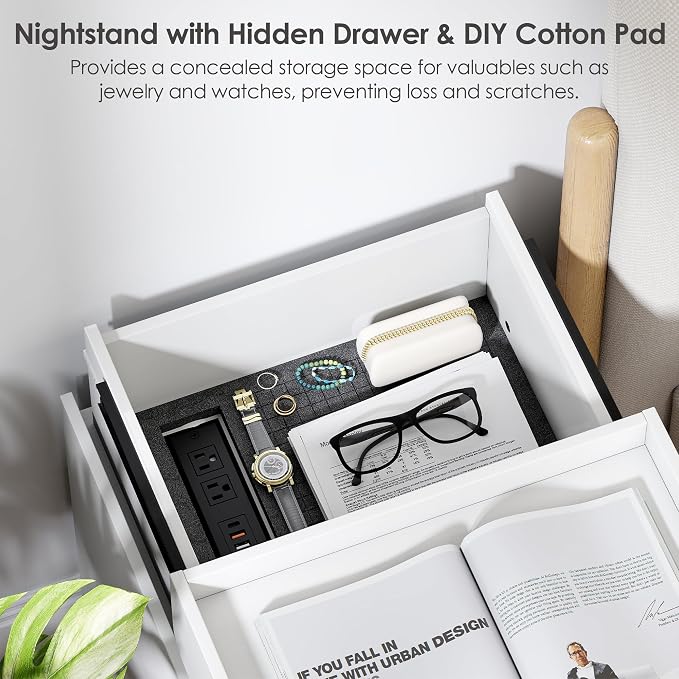 White Nightstand with Charging Station, Hidden Sliding Top Compartment with USB-C, 2 USB Ports & 2 Outlets, Modern Night Stand with Drawers for Bedroom