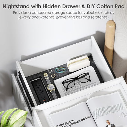 White Nightstand with Charging Station, Hidden Sliding Top Compartment with USB-C, 2 USB Ports & 2 Outlets, Modern Night Stand with Drawers for Bedroom