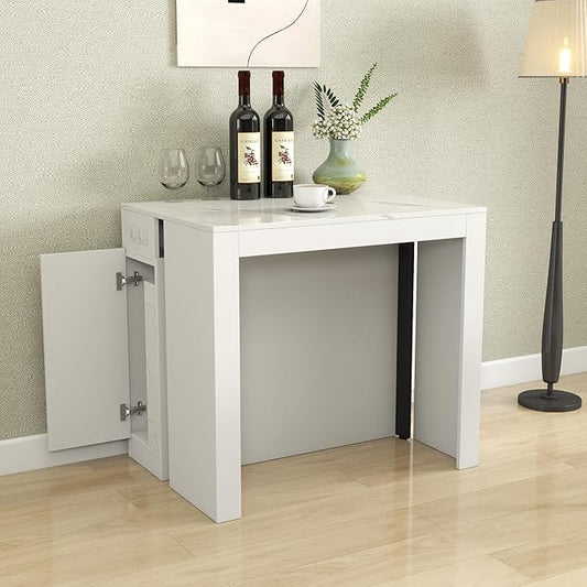 Expandable Transformer Dining Table, Folding Console Table with Built-in Outlet & Hidden Storage, Space Saving Furniture for Dining Room, White