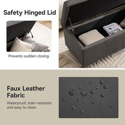 WUTUTUEE 51" Faux Leather Storage Ottoman, Stitch Tufted Rectangle Upholstered End of Bed Storage Bench, Entryway Large Couch Ottoman with Wooden Legs,Dark Grey