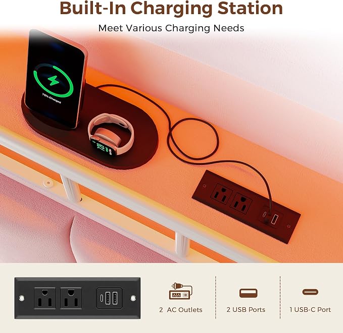 Full LED Bed Frame with Storage Headboard & 2 Storage Drawers, Princess Velvet Upholstered Bed with Vertical Tufted Headboard Design for Girls, USB & Type-C Charging Ports, Wooden Slats Support, Pink