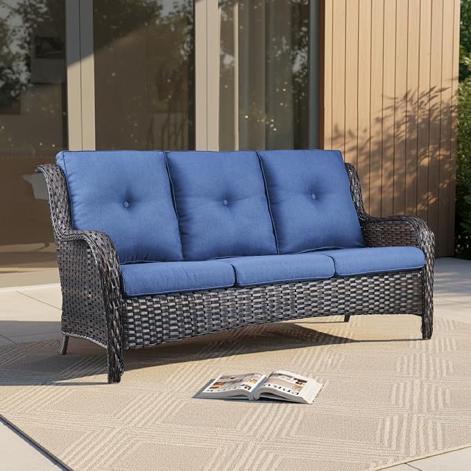 Outdoor Couch All Weather PE Wicker Patio Sofa Outdoor Sofa Deep Seating for Porch Deck Backyard-Brown/Blue