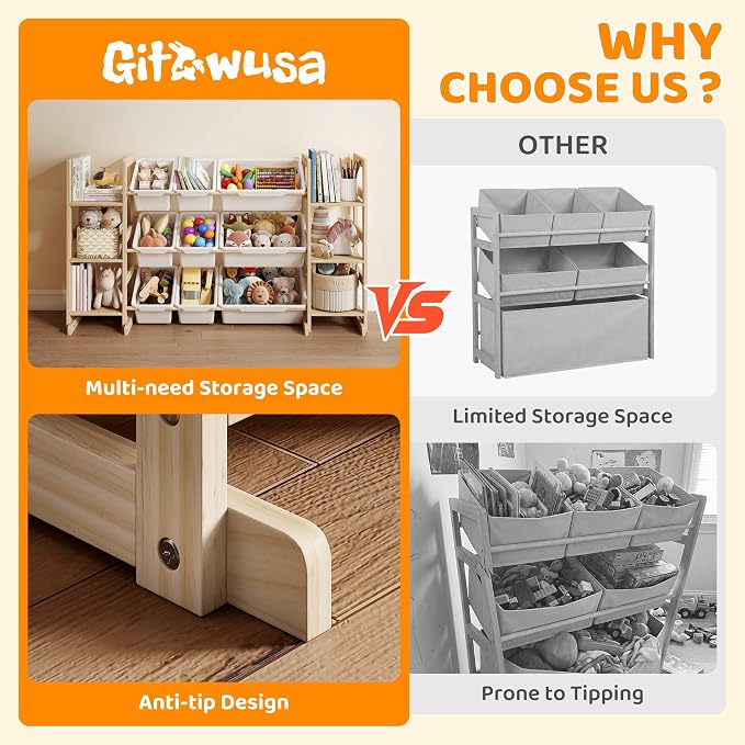 GITAWUSA Toy Storage Organizer, Kids Bookshelf with 6 Shelves, 9 Toy Bins | Toy Shelf, Storage Bin Unit, Toy Organization for Playroom, Nursery, Bedroom, Toddler Room, White, 52''W