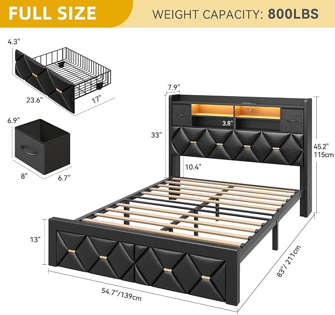 DWVO Full Size Bed Frame with 2 Storage Drawers and Storage Headboard, Upholstered Platform with Charging Station and LED Light, No Box Spring Needed, Noise Free, Easy Assembly, PU Leather Black
