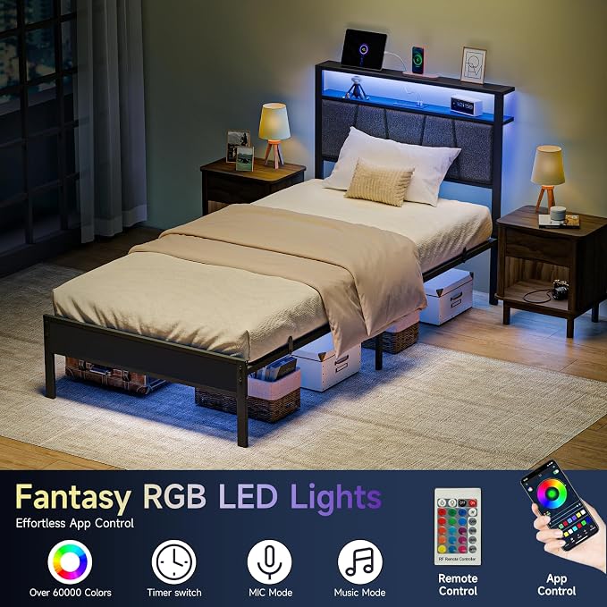 Z-hom 14 Inch Storage Headboard with Charging Station Twin Bed Frame,LED Bed w/Upholstered Headboard and Footboard, Metal Platform Bed w/ 2-Tier Shelves,Easy Assembly,No Box Spring Needed,Noise Free