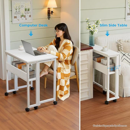 GreenForest Folding Desk with Wheels, 31.5 Inch Compact Rolling Computer Table with Storage Shelf, Portable Mobile Workstation for Small Spaces, Easy Assembly, Pure White