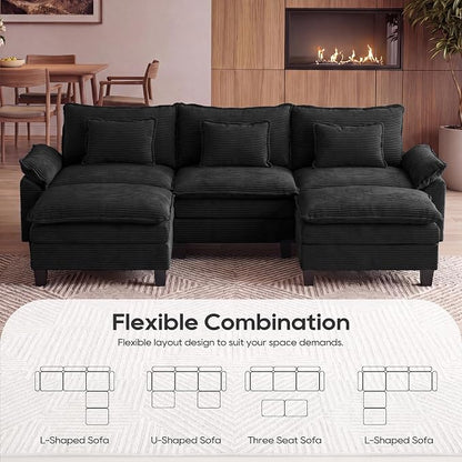 URRED Oversized Modular Sectional Sofa, 122" U Shaped Modern Comfy Cloud Couch with Movable Ottoman & Pillows, Deep Seat Couches for Living Room, Bedroom or Apartment (Corduroy Black, 122" U Shaped)