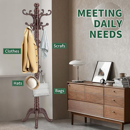 OIRUMIE Wooden Coat Rack Stand, Vintage Wood Coat Rack Freestanding with Sturdy Triangle Base, Classic Coat Racks with 14 Hooks, Natural Birch Wood Coat Tree Hanger Stand for Entryway,Office