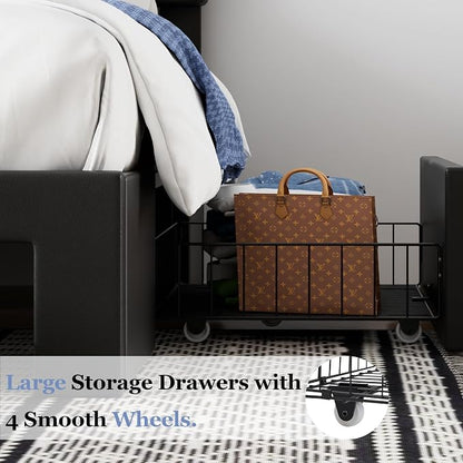 VECELO Queen Size Bed Frame with 3 Storage Drawers, Leather Upholstered with Diamond Tufted Headboard, Solid Wood Slat Support & Steel Framework, PU & Black