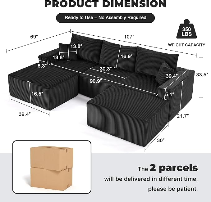 Weture 107" Modular Sectional Sofa, L-Shaped Boneless Couch with Deep Seat, Cozy Cloud Couch Sectional with Convertible Ottoman, Modern Sectional Couches for Living Room（ Black）
