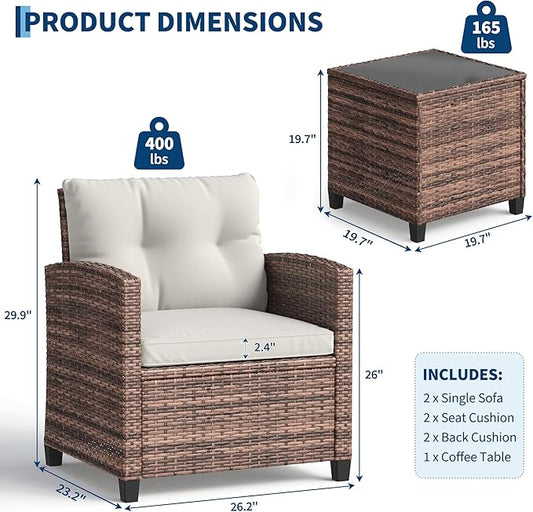Garvee Outdoor Wicker Chairs,3 Pieces Patio Furniture Set,All Weather High Back Rattan Chairs w/Washable Cushion and Tempered Glass Tabletop for Deck Porch Balcony Backyard Garden,Brown & Beige