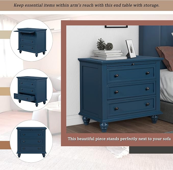 Merax Wood Nightstand with 3 Storage Drawers, Bedside End Table with Pull Out Tray, Blue (No Guide Rails)