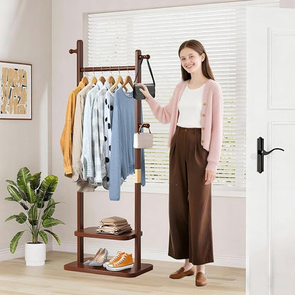 Wooden Coat Rack Freestanding, Hall Tree Hanger With Resin Hooks, Adjustable Heavy Duty Coat Rack for Hanging Clothes Bags Hats in Living Room Bedroom (coat rack, Walnut-23.6x11.4x62.6 in)