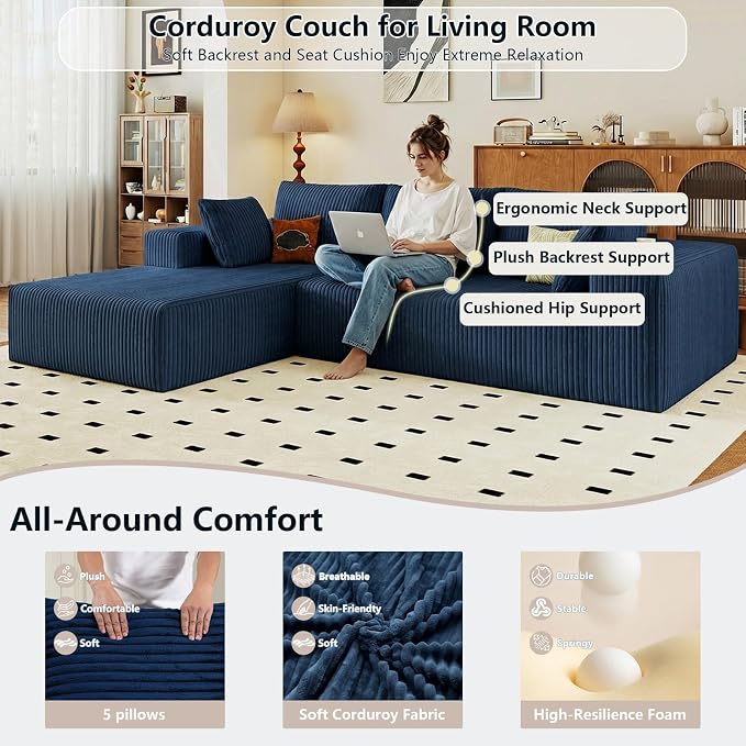 95" Cloud Sectional Couch with L-Shape Chaise, Modular Comfy Sofa Chaise Longue, Upholstered Corduroy Couches Sleeper with Deep Seat for Living Room Bedroom, No Assembly Required(Blue, Left Facing)