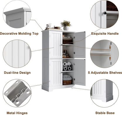 ChooChoo Bathroom Floor Cabinet, Modern Bathroom Storage Cabinet with 4 Doors and Adjustable Shelves, Freestanding Cupboard for Living Room, White