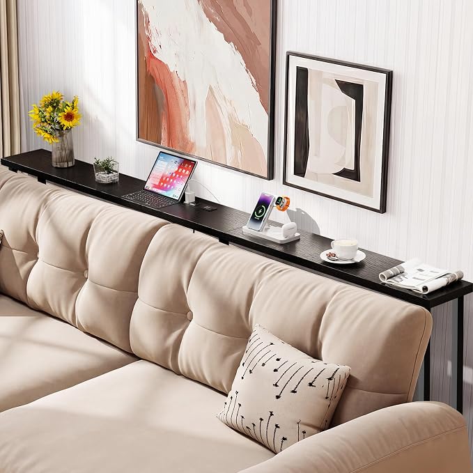 GRLEAF 63" Narrow Console Sofa Table with Built-in Power Strip (2 AC Outlets & 2 USB Ports) – 4.9ft Power Cord, Metal Frame, Easy Assembly, Ideal for Behind Couch, Hallway, and Home Office | Black