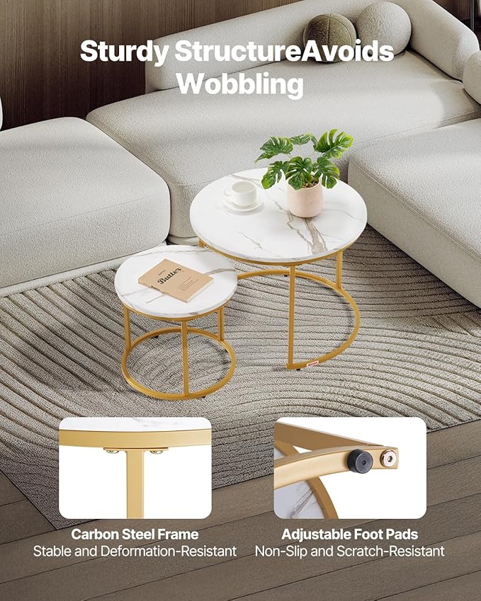 VEVOR Nesting Coffee Table Set of 2, 23.6 in Round Coffee Table, Nesting Tables for Small Place, Vintage End Side Tables Night Stand with Metal Frame, for Living Room, Bedroom, Office (White & Gold)