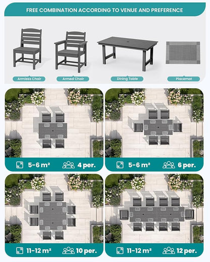SERWALL Outdoor Dining Sets for 10 Person, HDPE Dining Set with 2 Tables, 8 Armless Chairs and 2 Armed Dining Chairs, Gray
