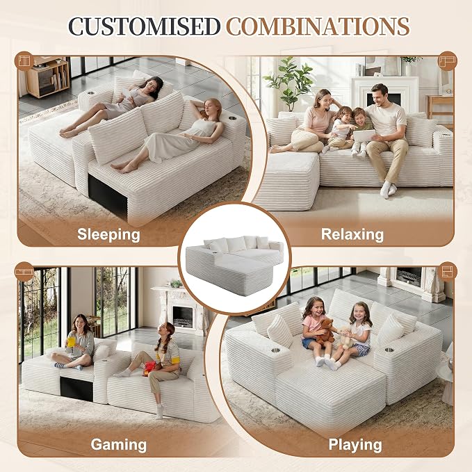 Vongrasig 103" Boneless Sectional Couches for Living Room, L-Shaped Chaise Modular Cloud Couch with Cup Holders on Armrests, Plush Corduroy Comfy Sofa with Memory Foam, No Assembly Required (Beige)