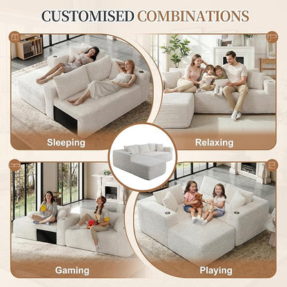 Vongrasig 103" Boneless Sectional Couches for Living Room, L-Shaped Chaise Modular Cloud Couch with Cup Holders on Armrests, Plush Corduroy Comfy Sofa with Memory Foam, No Assembly Required (Beige)